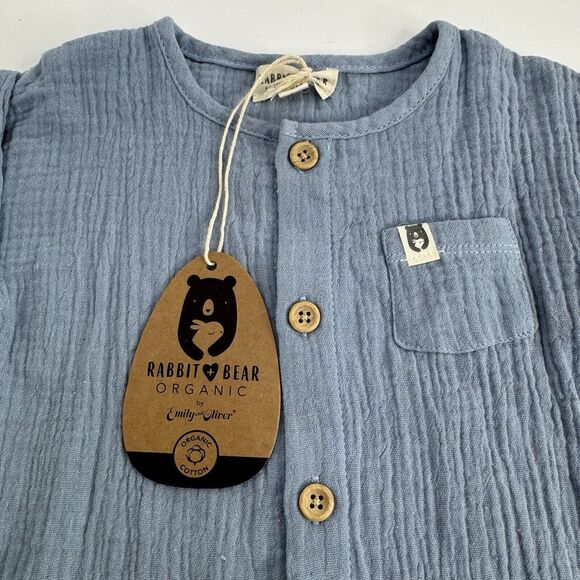 Rabbit+Bear Organic Cotton Infant 6-9 mo Outfit Hat One Piece Gauze Blue Short - Picture 4 of 5